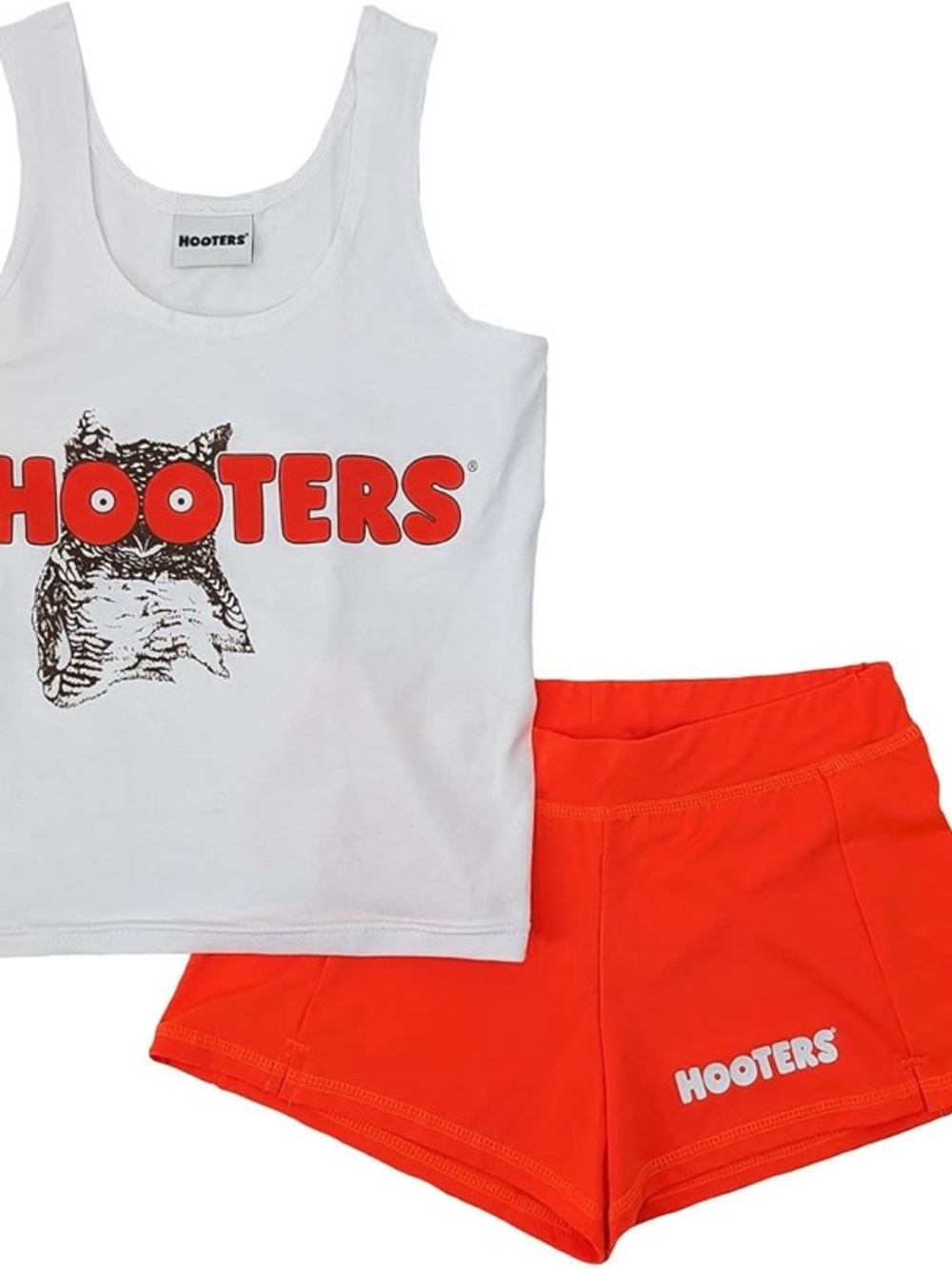 Authentic Hooters White Tank Top with Bright Orange Logo & Shorts